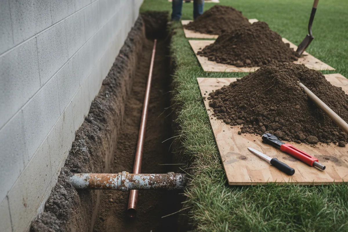Excavated water line trench during Water Heater Repair in Waterloo